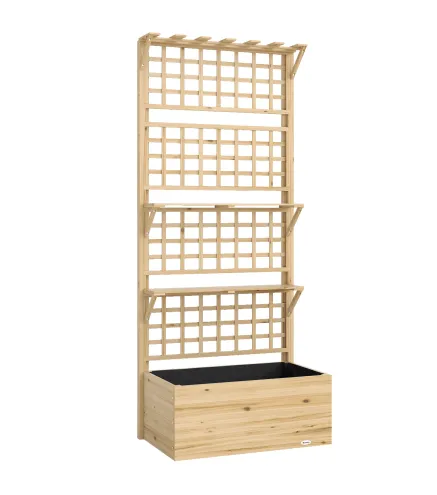 Jardinera con Enrejado y Techo de Madera para Plantas Trepadoras con 2 Estantes Drenaje y Forro 76x43,5x177 cm Natural