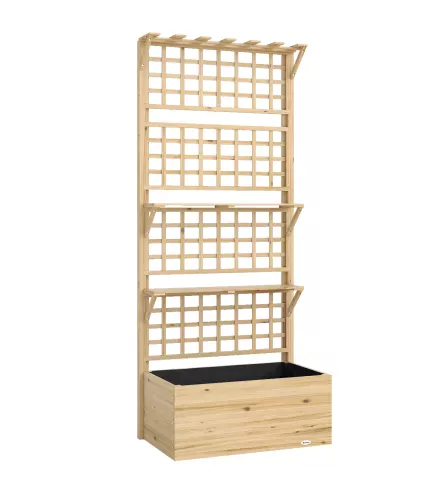 Jardinera con Enrejado y Techo de Madera para Plantas Trepadoras con 2 Estantes Drenaje y Forro 76x43,5x177 cm Natural