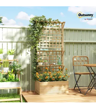 Jardinera con Enrejado y Techo de Madera para Plantas Trepadoras con 2 Estantes Drenaje y Forro 76x43,5x177 cm Natural