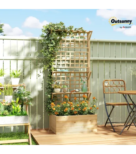 Jardinera con Enrejado y Techo de Madera para Plantas Trepadoras con 2 Estantes Drenaje y Forro 76x43,5x177 cm Natural