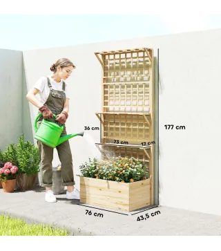 Jardinera con Enrejado y Techo de Madera para Plantas Trepadoras con 2 Estantes Drenaje y Forro 76x43,5x177 cm Natural