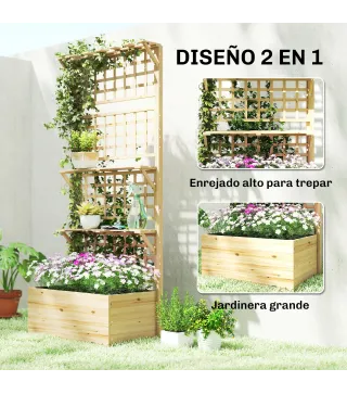 Jardinera con Enrejado y Techo de Madera para Plantas Trepadoras con 2 Estantes Drenaje y Forro 76x43,5x177 cm Natural