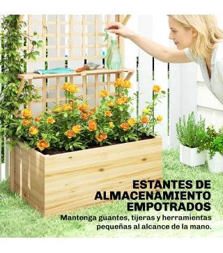 Jardinera con Enrejado y Techo de Madera para Plantas Trepadoras con 2 Estantes Drenaje y Forro 76x43,5x177 cm Natural