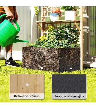 Jardinera con Enrejado y Techo de Madera para Plantas Trepadoras con 2 Estantes Drenaje y Forro 76x43,5x177 cm Natural