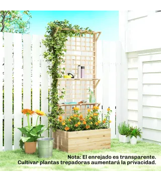 Jardinera con Enrejado y Techo de Madera para Plantas Trepadoras con 2 Estantes Drenaje y Forro 76x43,5x177 cm Natural