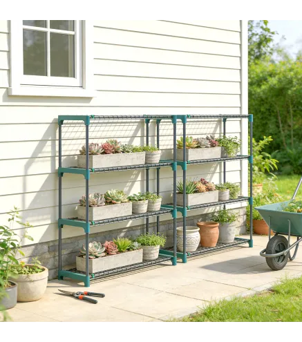 Juego de 2 Soportes para Plantas de 4 Niveles Interior y Exterior Estantes Metálicos con Conectores Fácil Montaje Verde
