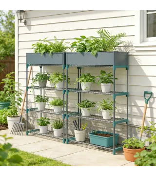 Juego de 2 Soportes para Plantas de 4 Niveles Interior y Exterior Estantes Metálicos con Conectores Fácil Montaje Verde