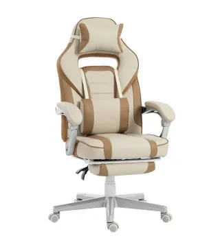 Silla Gamer Reclinable con Altura Ajustable Reposapiés Retráctil Soporte Lumbar y Reposacabezas Desmontable Crema