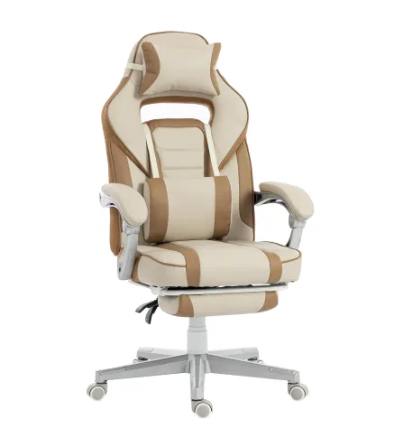 Silla Gamer Reclinable con Altura Ajustable Reposapiés Retráctil Soporte Lumbar y Reposacabezas Desmontable Crema