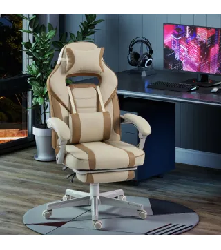 Silla Gamer Reclinable con Altura Ajustable Reposapiés Retráctil Soporte Lumbar y Reposacabezas Desmontable Crema