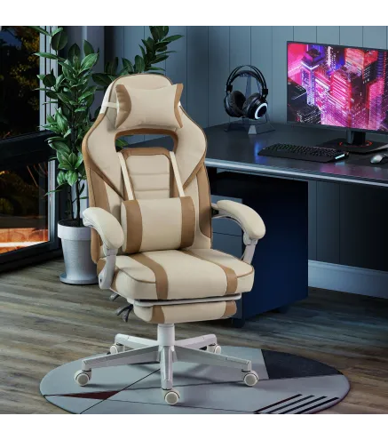 Silla Gamer Reclinable con Altura Ajustable Reposapiés Retráctil Soporte Lumbar y Reposacabezas Desmontable Crema