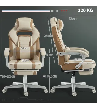 Silla Gamer Reclinable con Altura Ajustable Reposapiés Retráctil Soporte Lumbar y Reposacabezas Desmontable Crema