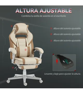 Silla Gamer Reclinable con Altura Ajustable Reposapiés Retráctil Soporte Lumbar y Reposacabezas Desmontable Crema