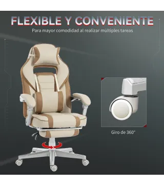 Silla Gamer Reclinable con Altura Ajustable Reposapiés Retráctil Soporte Lumbar y Reposacabezas Desmontable Crema