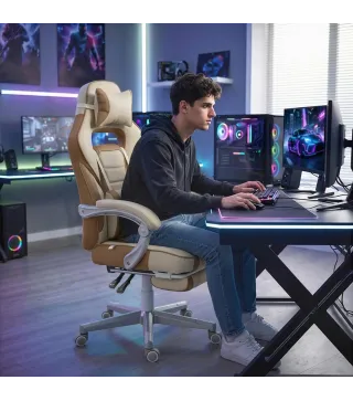 Silla Gamer Reclinable con Altura Ajustable Reposapiés Retráctil Soporte Lumbar y Reposacabezas Desmontable Crema