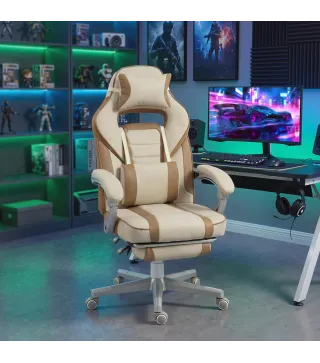 Silla Gamer Reclinable con Altura Ajustable Reposapiés Retráctil Soporte Lumbar y Reposacabezas Desmontable Crema