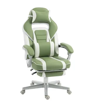 Silla Gamer Reclinable con Altura Ajustable Reposapiés Retráctil Soporte Lumbar y Reposacabezas Desmontable Verde