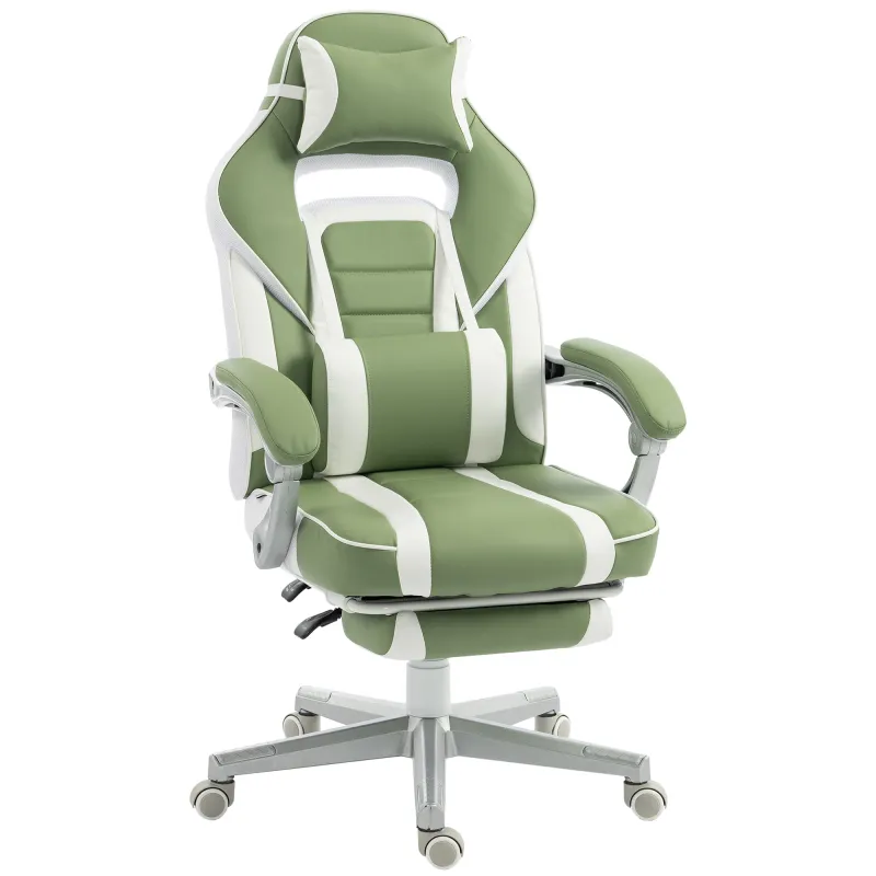 Silla Gamer Reclinable con Altura Ajustable Reposapiés Retráctil Soporte Lumbar y Reposacabezas Desmontable Verde