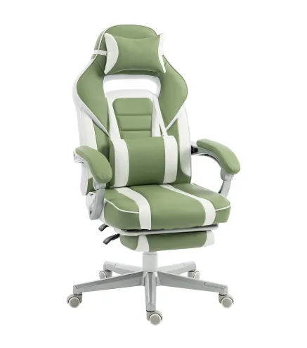 Silla Gamer Reclinable con Altura Ajustable Reposapiés Retráctil Soporte Lumbar y Reposacabezas Desmontable Verde
