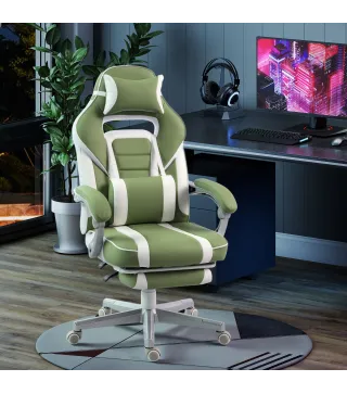 Silla Gamer Reclinable con Altura Ajustable Reposapiés Retráctil Soporte Lumbar y Reposacabezas Desmontable Verde