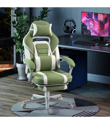 Silla Gamer Reclinable con Altura Ajustable Reposapiés Retráctil Soporte Lumbar y Reposacabezas Desmontable Verde