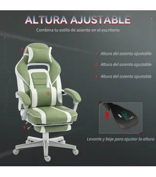 Silla Gamer Reclinable con Altura Ajustable Reposapiés Retráctil Soporte Lumbar y Reposacabezas Desmontable Verde