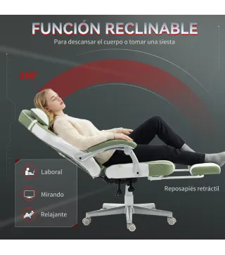 Silla Gamer Reclinable con Altura Ajustable Reposapiés Retráctil Soporte Lumbar y Reposacabezas Desmontable Verde