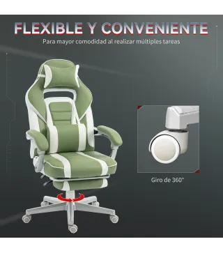 Silla Gamer Reclinable con Altura Ajustable Reposapiés Retráctil Soporte Lumbar y Reposacabezas Desmontable Verde