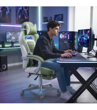 Silla Gamer Reclinable con Altura Ajustable Reposapiés Retráctil Soporte Lumbar y Reposacabezas Desmontable Verde