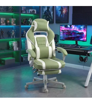 Silla Gamer Reclinable con Altura Ajustable Reposapiés Retráctil Soporte Lumbar y Reposacabezas Desmontable Verde