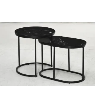 Juego de 2 Mesas de Centro Mesitas Auxiliares Tablero con Efecto Mármol Marco de Acero Negro