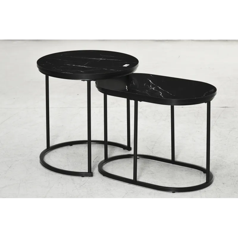 Juego de 2 Mesas de Centro Mesitas Auxiliares Tablero con Efecto Mármol Marco de Acero Negro