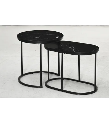 Juego de 2 Mesas de Centro Mesitas Auxiliares Tablero con Efecto Mármol Marco de Acero Negro