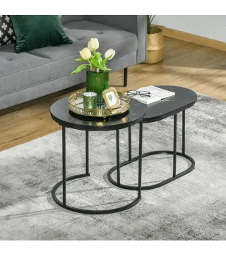 Juego de 2 Mesas de Centro Mesitas Auxiliares Tablero con Efecto Mármol Marco de Acero Negro