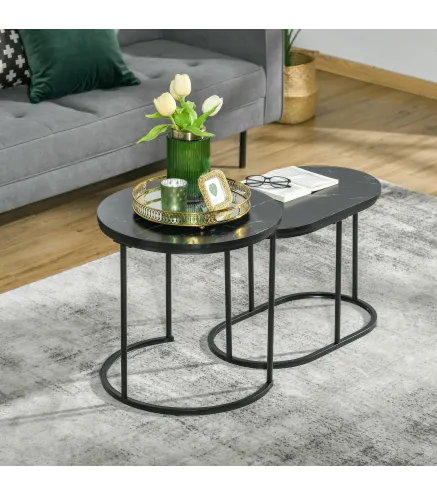 Juego de 2 Mesas de Centro Mesitas Auxiliares Tablero con Efecto Mármol Marco de Acero Negro