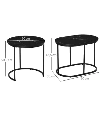 Juego de 2 Mesas de Centro Mesitas Auxiliares Tablero con Efecto Mármol Marco de Acero Negro