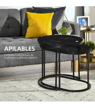 Juego de 2 Mesas de Centro Mesitas Auxiliares Tablero con Efecto Mármol Marco de Acero Negro