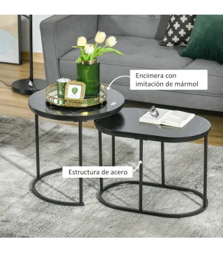 Juego de 2 Mesas de Centro Mesitas Auxiliares Tablero con Efecto Mármol Marco de Acero Negro