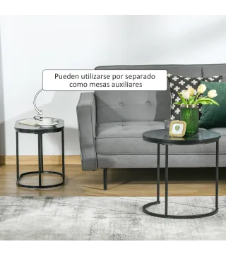 Juego de 2 Mesas de Centro Mesitas Auxiliares Tablero con Efecto Mármol Marco de Acero Negro