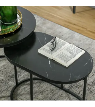 Juego de 2 Mesas de Centro Mesitas Auxiliares Tablero con Efecto Mármol Marco de Acero Negro