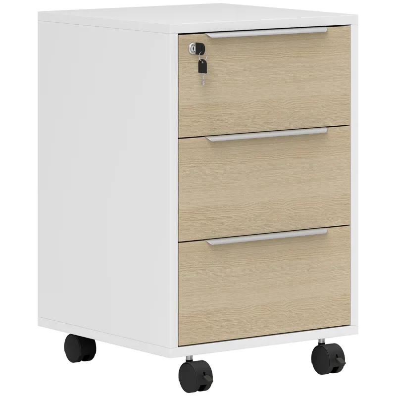 Mueble Archivador con Ruedas 3 Cajones Cerradura y 2 Llaves para Estudio Salón 40x40x63,5 cm Blanco y Roble