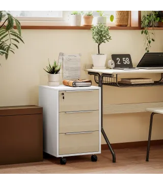 Mueble Archivador con Ruedas 3 Cajones Cerradura y 2 Llaves para Estudio Salón 40x40x63,5 cm Blanco y Roble