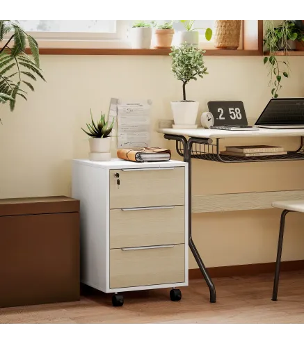 Mueble Archivador con Ruedas 3 Cajones Cerradura y 2 Llaves para Estudio Salón 40x40x63,5 cm Blanco y Roble