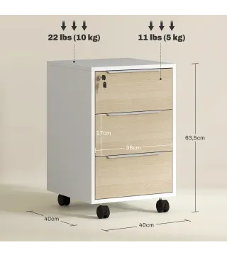 Mueble Archivador con Ruedas 3 Cajones Cerradura y 2 Llaves para Estudio Salón 40x40x63,5 cm Blanco y Roble