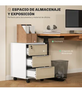 Mueble Archivador con Ruedas 3 Cajones Cerradura y 2 Llaves para Estudio Salón 40x40x63,5 cm Blanco y Roble