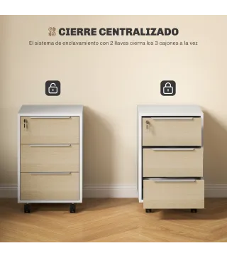 Mueble Archivador con Ruedas 3 Cajones Cerradura y 2 Llaves para Estudio Salón 40x40x63,5 cm Blanco y Roble