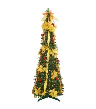Árbol de Navidad Plegable con Luces LED en Blanco Cálido y Adornos Pre-instalados para Interior Ø60x180 cm Verde