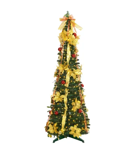 Árbol de Navidad Plegable con Luces LED en Blanco Cálido y Adornos Pre-instalados para Interior Ø60x180 cm Verde