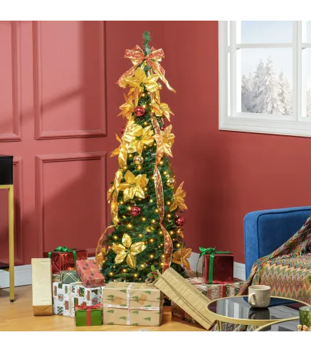 Árbol de Navidad Plegable con Luces LED en Blanco Cálido y Adornos Pre-instalados para Interior Ø60x180 cm Verde