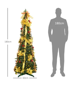 Árbol de Navidad Plegable con Luces LED en Blanco Cálido y Adornos Pre-instalados para Interior Ø60x180 cm Verde
